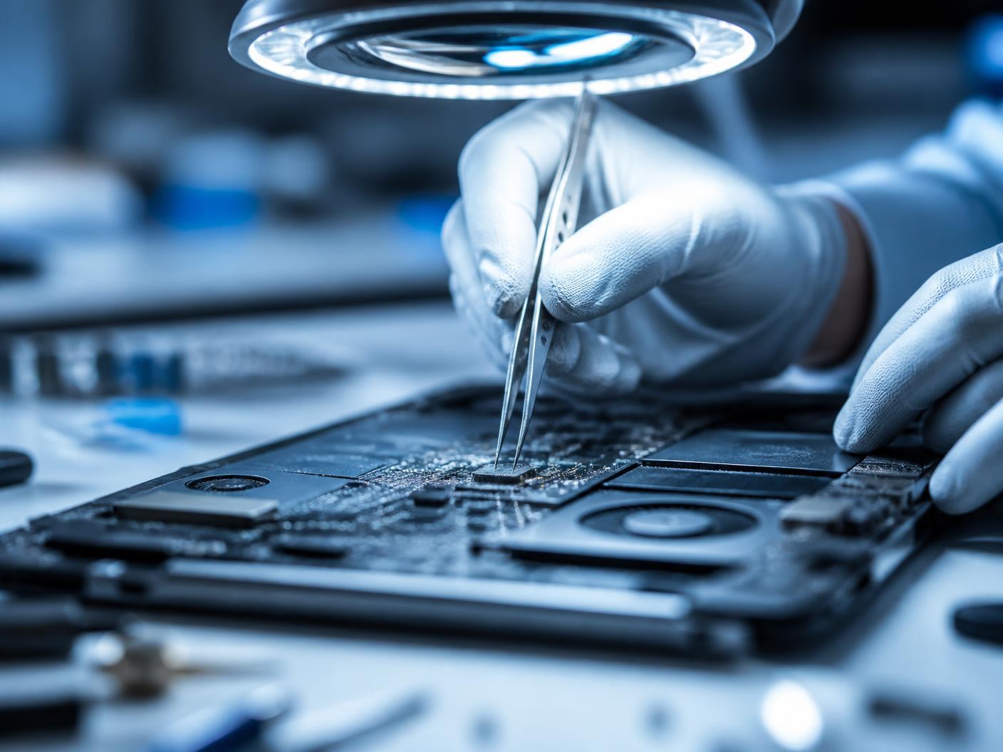 Technician using fine tweezers on a laptop logic board under a ring light