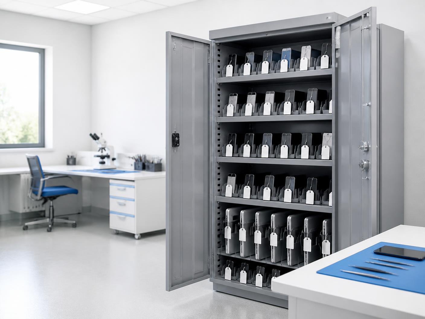 Secure numbered storage cabinet holding tagged phones and laptops in a clean repair lab