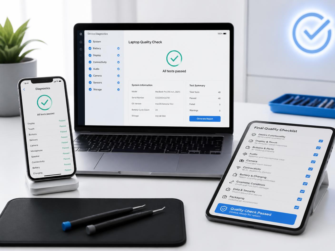 Repaired phone, laptop and tablet running final quality diagnostic checks on a white desk