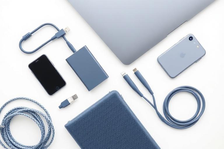 Flat lay of cables, charger, case and other device accessories