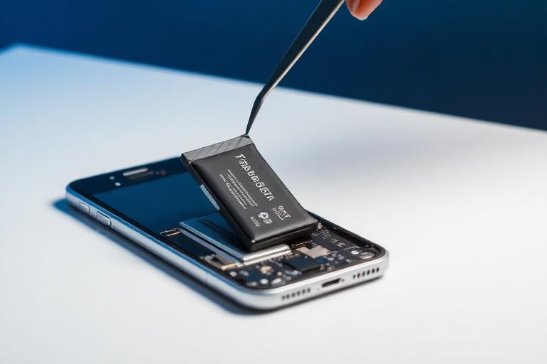 Replacement battery being lifted out of an open phone