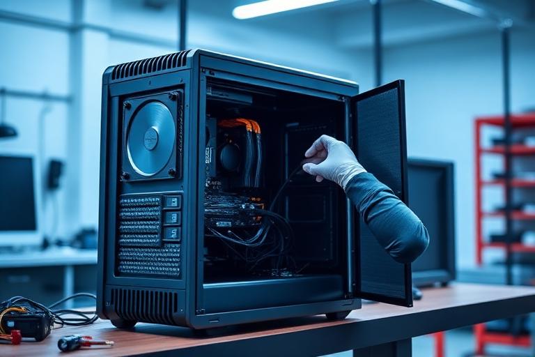 Open desktop computer tower being serviced in a workshop