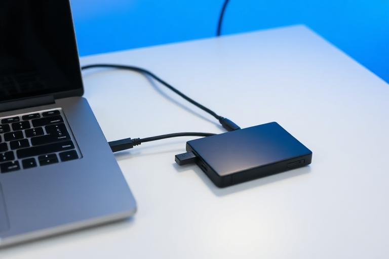 External drive connected to a laptop for data transfer