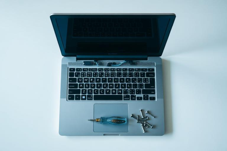 Open laptop on a bench with a screwdriver and removed screws