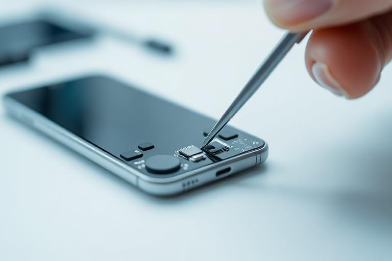 Technician working on an open smartphone with precision tweezers