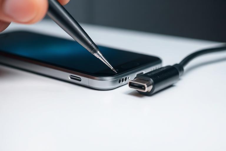 Close-up of a phone charging port being serviced beside a USB-C cable