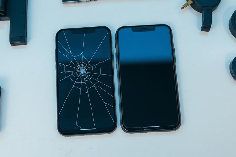Cracked phone screen next to a new replacement display